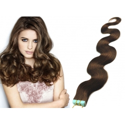 Vlnité vlasy pre metódu Pu Extension / Tapex / Tape Hair / Tape IN 50cm – stredne hnedá