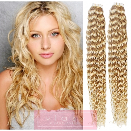 Kudrnaté vlasy pro metodu Pu Extension / Tape Hair / Tape IN 50cm - nejsvětlejší blond