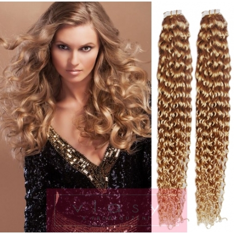 Kudrnaté vlasy pro metodu Pu Extension / Tape Hair / Tape IN 60cm - přírodní / světlejší blond