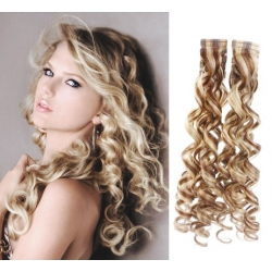 Kučeravé vlasy pre metódu Pu Extension / Tapex / Tape Hair / Tape IN 60cm – platina / svetlo hnedá